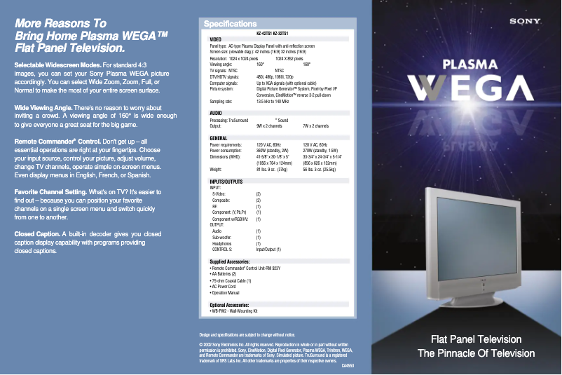 Page 1 de la notice Fiche technique Sony KZ-32TS1E