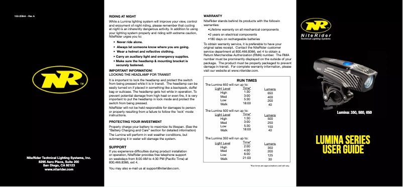 Page 1 de la notice Manuel utilisateur NiteRider Lumina 500