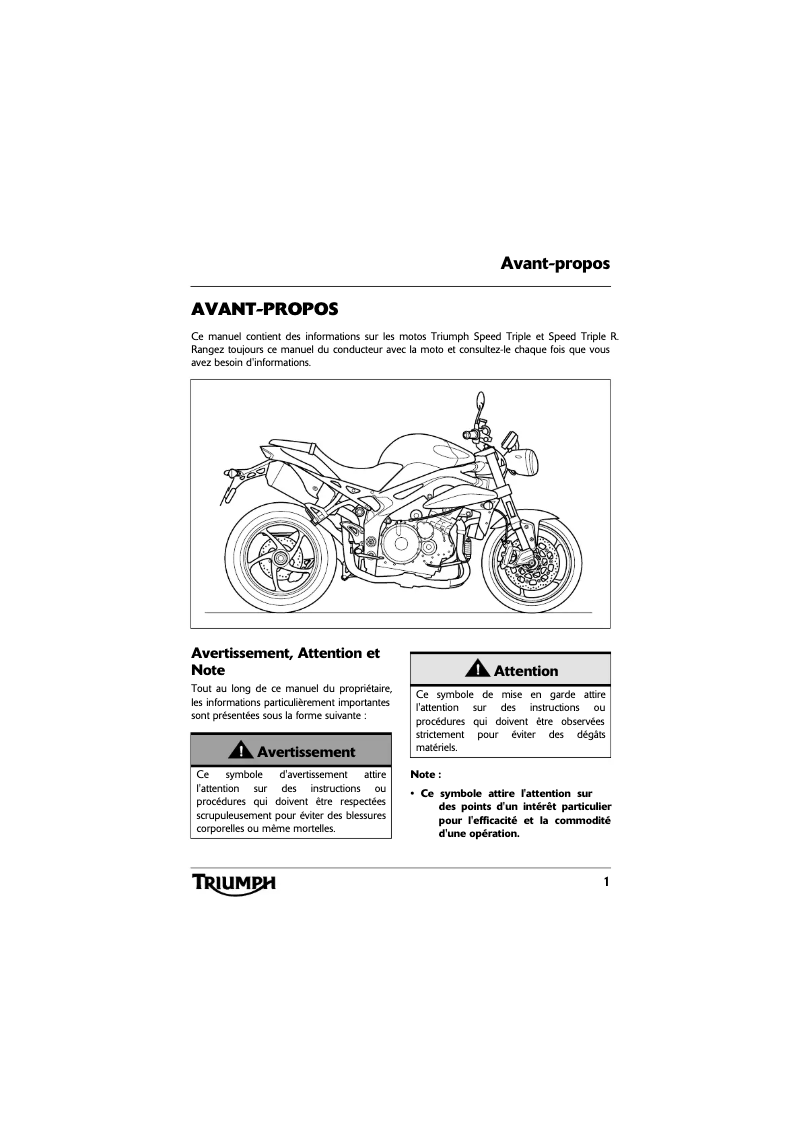 Page 1 de la notice Manuel utilisateur Triumph Speed Triple R (2015)
