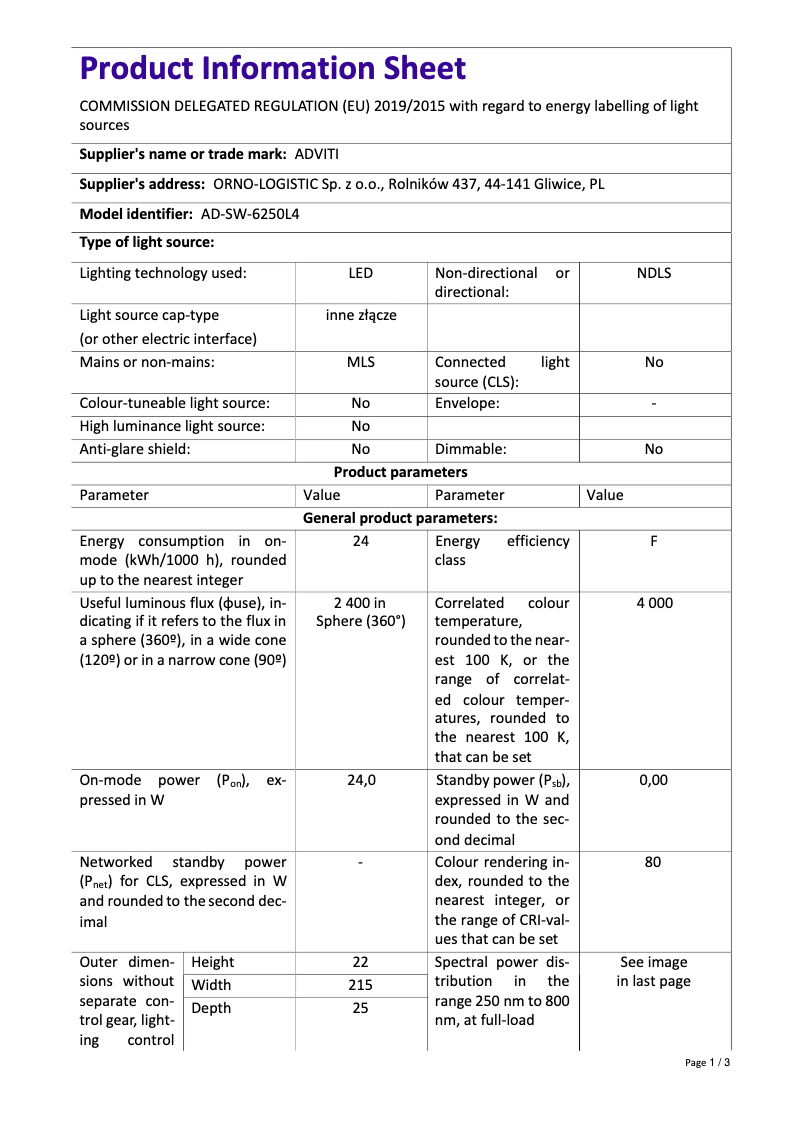 Page n°1 - Fiche technique Adviti AD-SW-6250L4