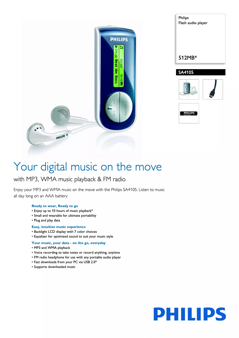Page 1 de la notice Fiche technique Philips SA4105