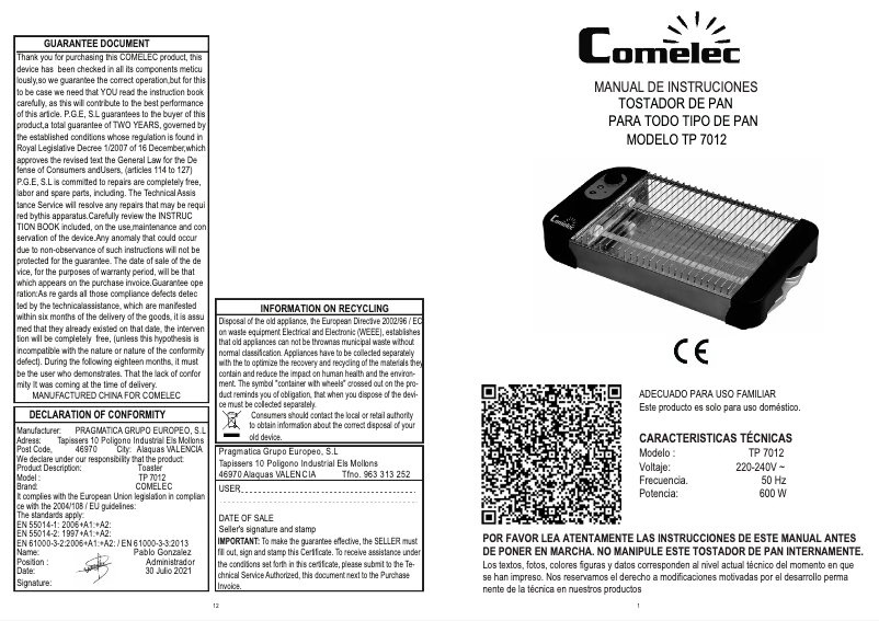 Page n°1 - Manuel utilisateur Comelec TP 7012