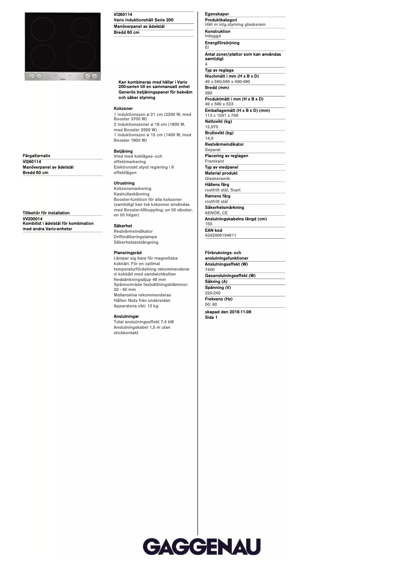 Page 1 de la notice Manuel utilisateur Gaggenau VI260114