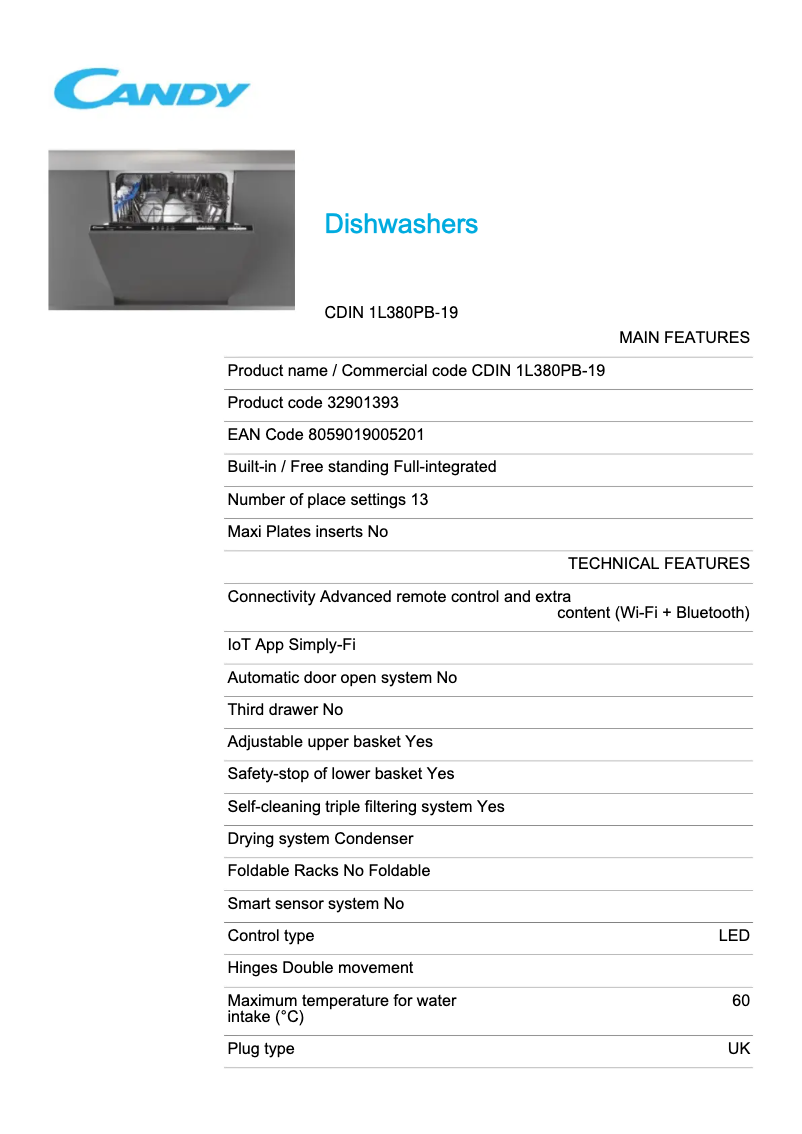 Page 1 de la notice Fiche technique Candy CDIN 1L380PB-19