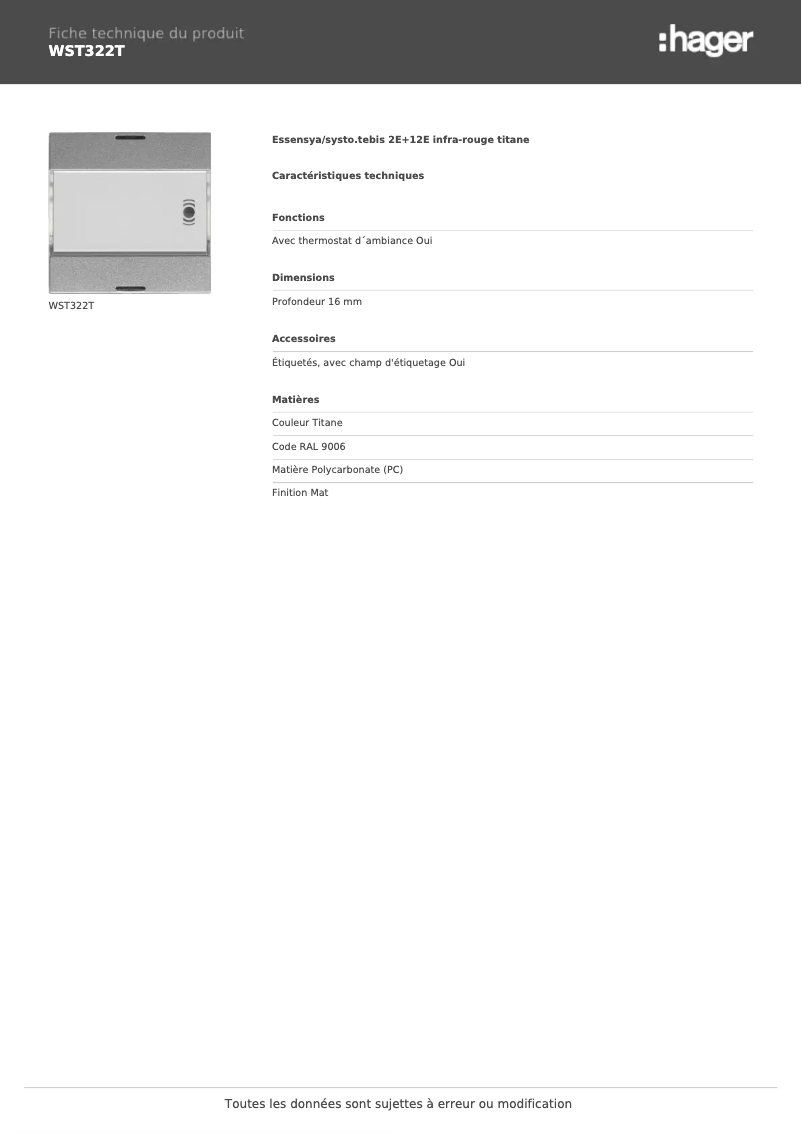 Page n°1 - Fiche technique Hager WST322T