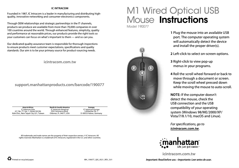 Page 1 de la notice Manuel utilisateur Manhattan 190077