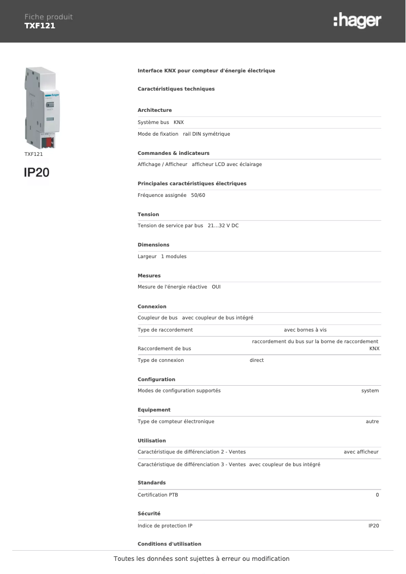 Page 1 de la notice Fiche technique Hager TXF121