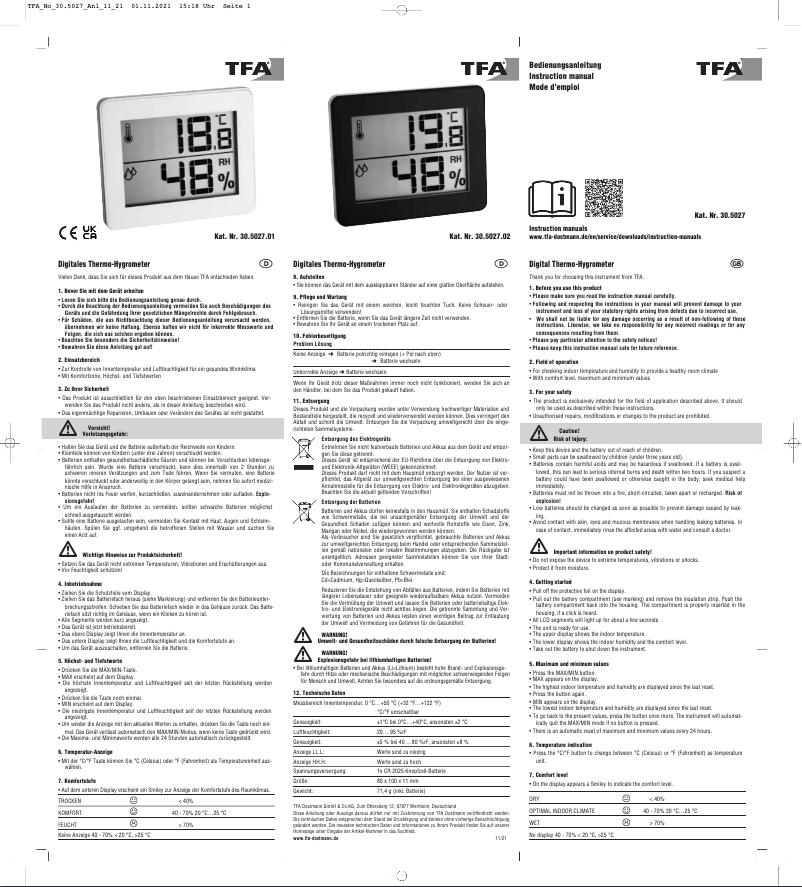 Page 1 de la notice Manuel utilisateur TFA 30.5027.01