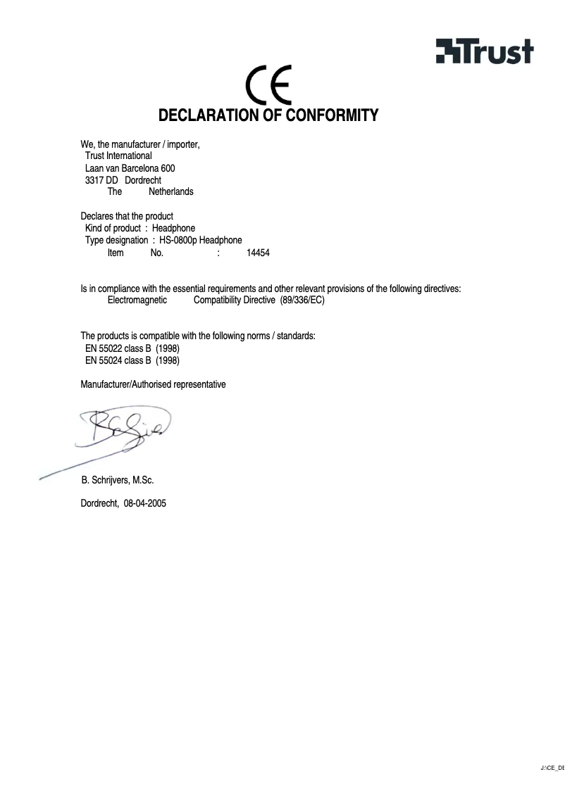 Page 1 de la notice Manuel utilisateur Trust HS-0800