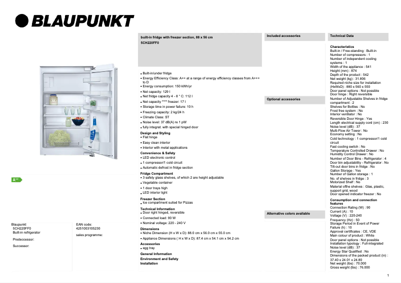 Page 1 de la notice Fiche technique Blaupunkt 5CH220FF0