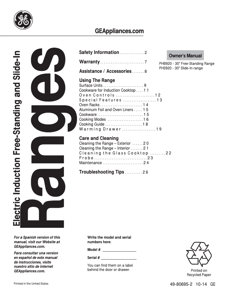 Page n°1 - Manuel d'utilisation et d'entretien GE Profile PHS920SFSS