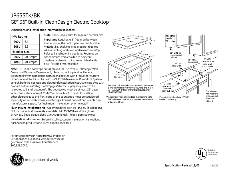 Page n°1 - Fiche technique GE JP655TKWW