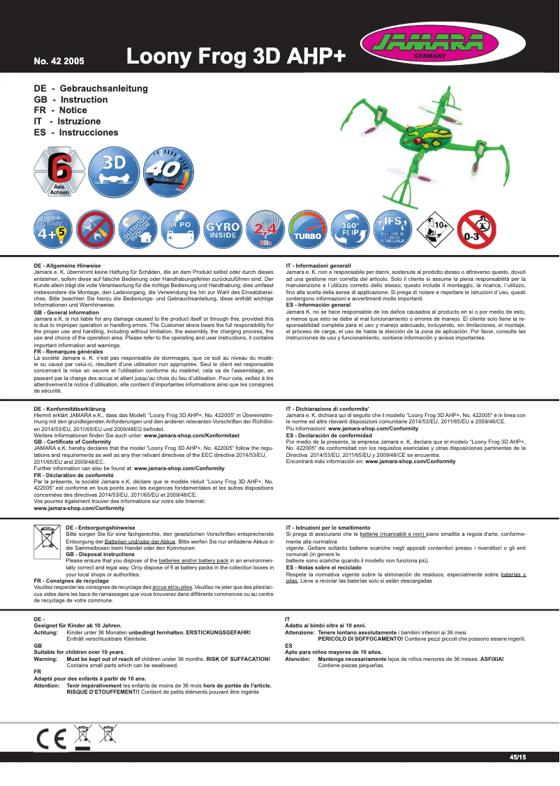 Page 1 de la notice Manuel utilisateur Jamara Loony Frog 3D AHP+