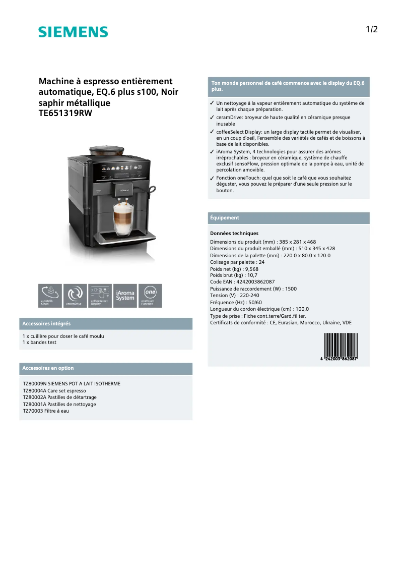 Page 1 de la notice Manuel utilisateur Siemens EQ.6 Plus s100 TE651319RW