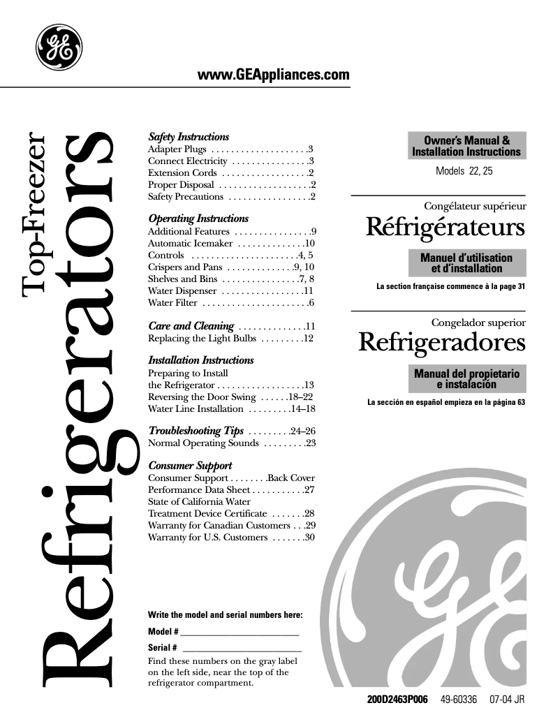 Page 1 de la notice Manuel utilisateur GE PTS22SHSSS