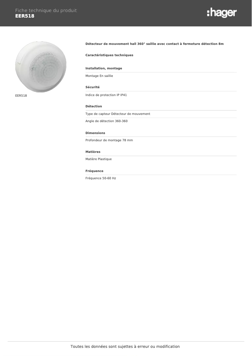 Page 1 de la notice Fiche technique Hager EER518
