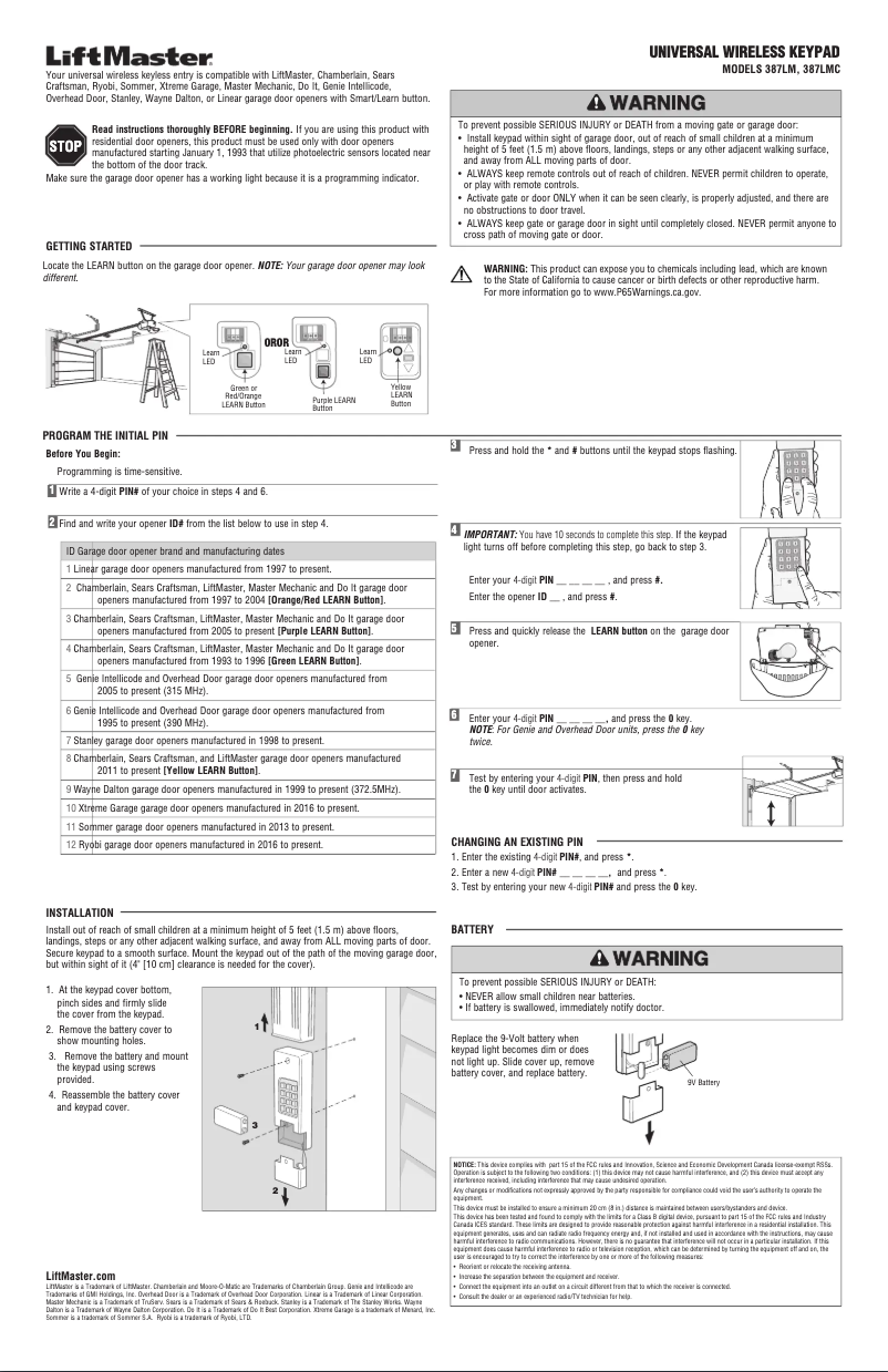 Page 1 de la notice Manuel utilisateur LiftMaster 387LMC