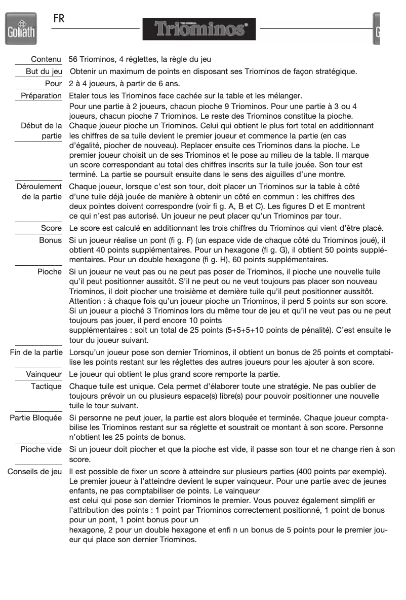 Page 1 de la notice Manuel utilisateur Goliath Triominos