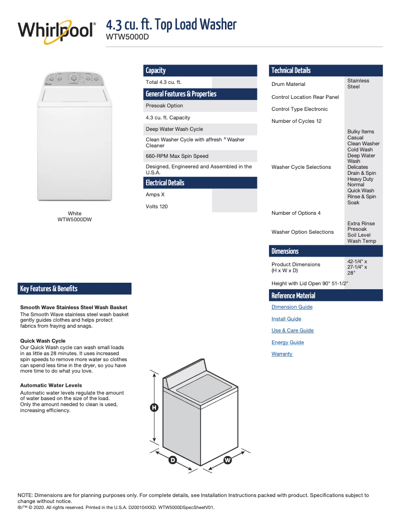 Page n°1 - Fiche technique Whirlpool WHLAUWED5000DW