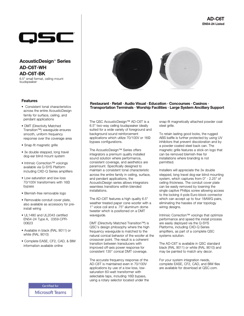 Page 1 de la notice Fiche technique QSC AD-C6T