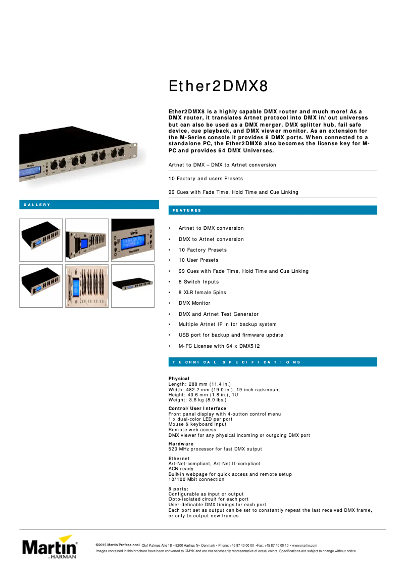 Page 1 de la notice Fiche technique Martin Ether2DMX8