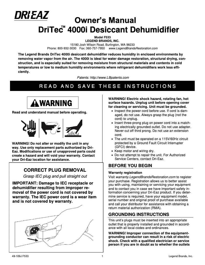Page 1 de la notice Manuel utilisateur Dri Eaz DriTech 4000i