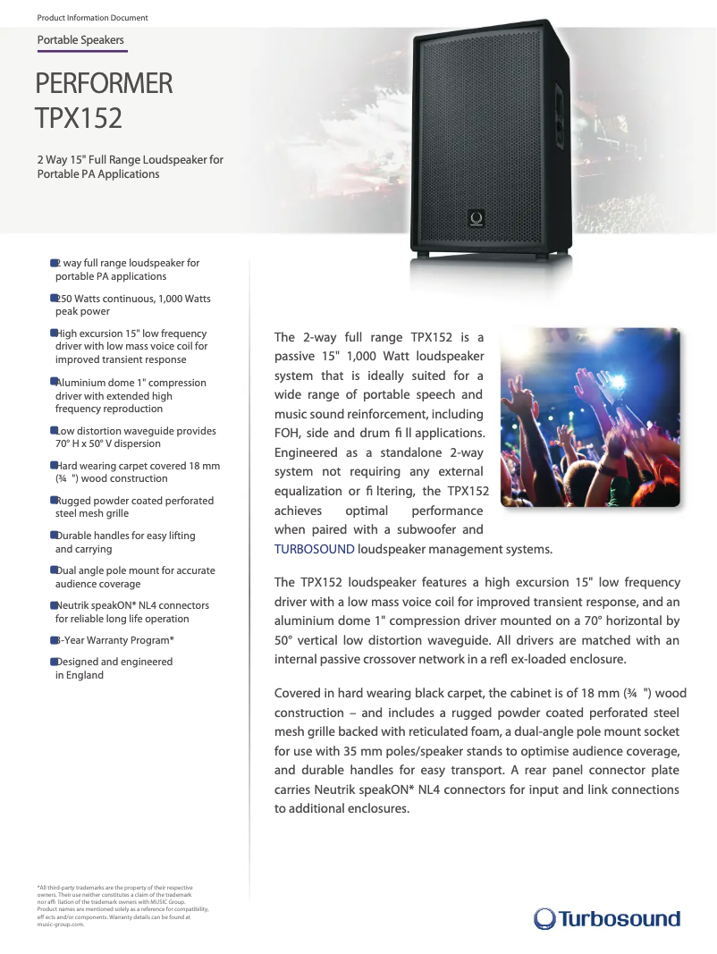 Page n°1 - Fiche technique Turbosound Performer TPX152