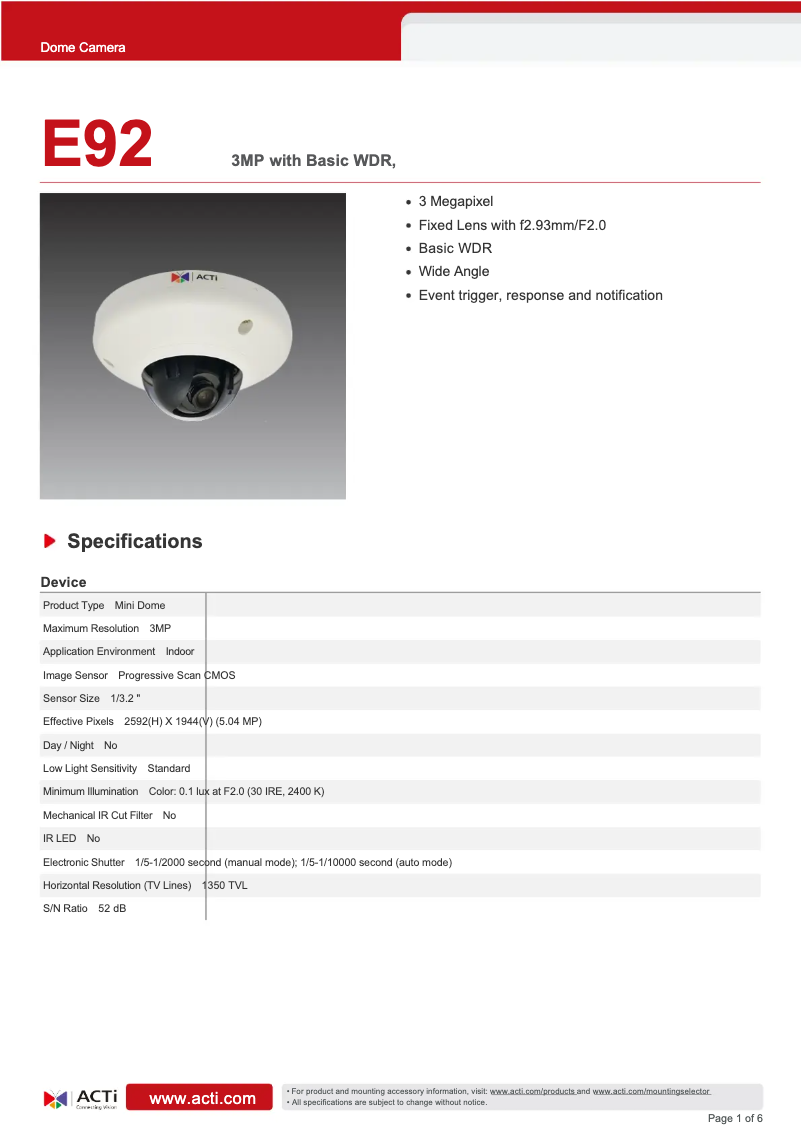 Page 1 de la notice Fiche technique ACTi E92