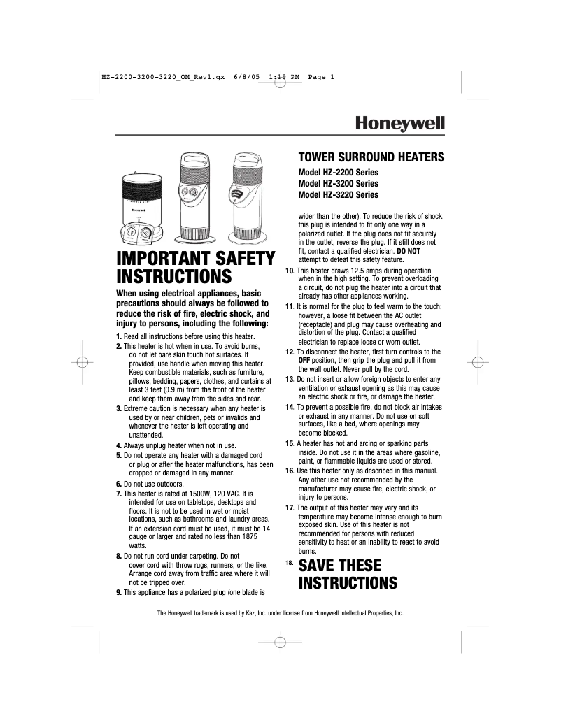 Page 1 de la notice Manuel utilisateur Honeywell HZ-2200