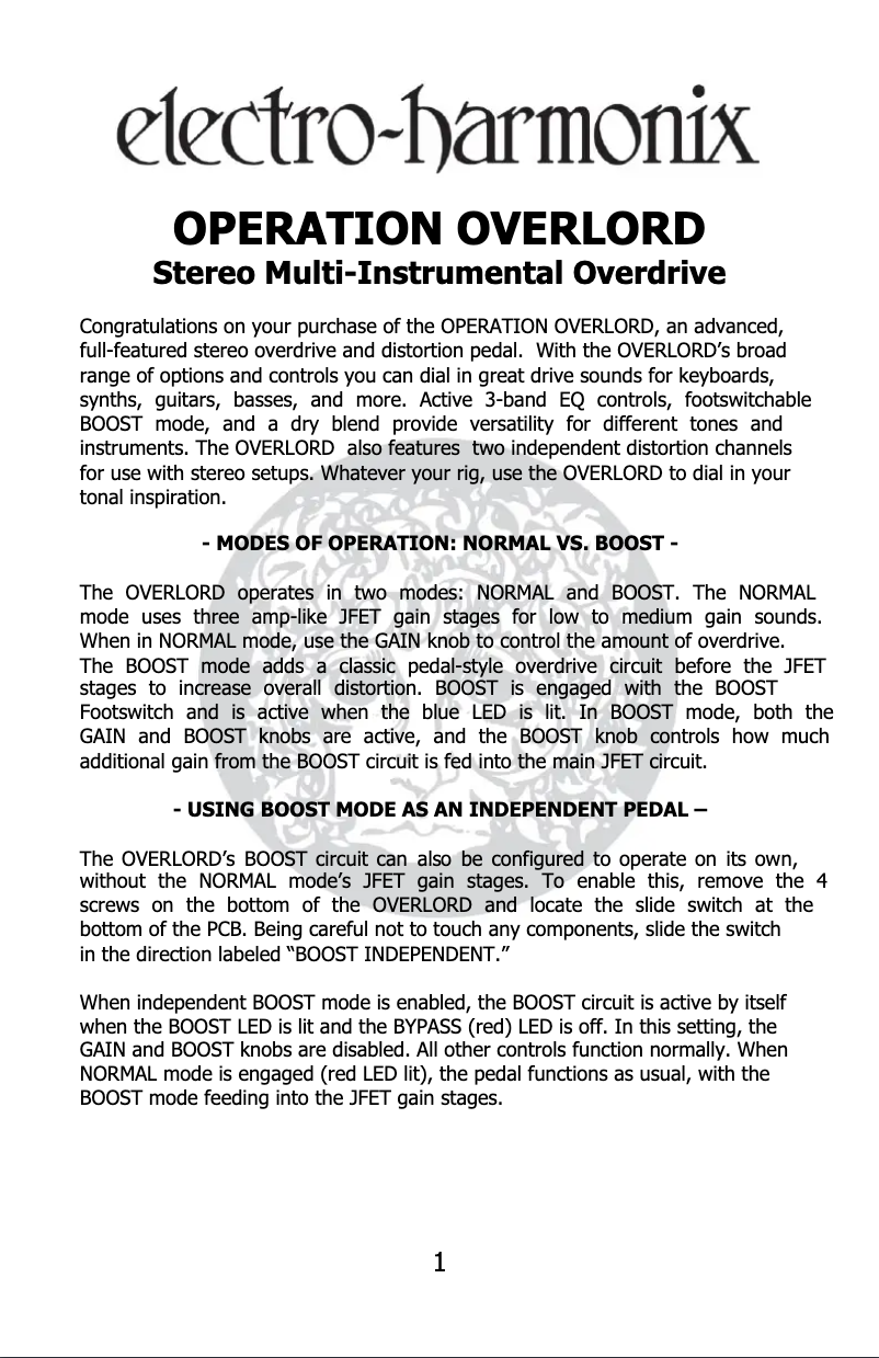 Page 1 de la notice Manuel utilisateur Electro Harmonix Operation Overlord