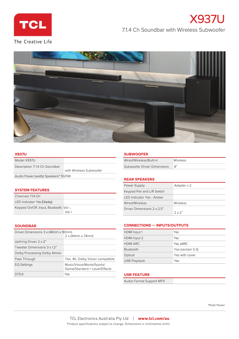 Page 1 de la notice Fiche technique TCL X937U