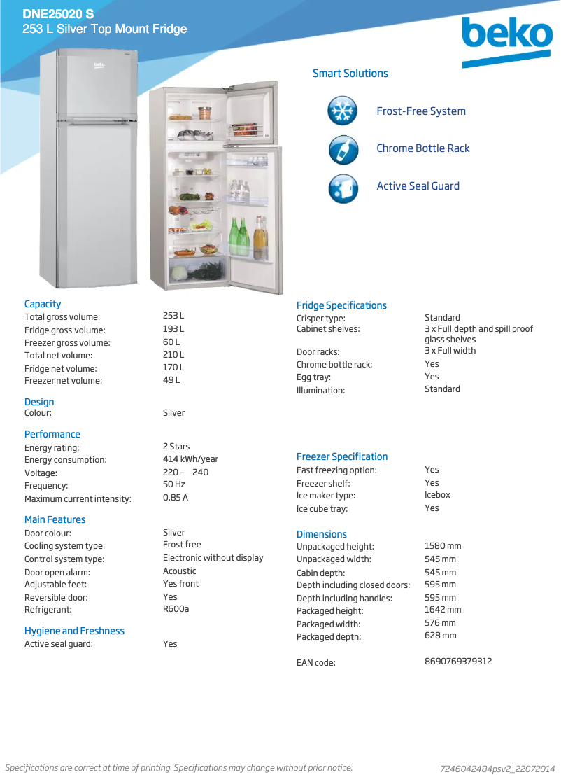 Page 1 de la notice Fiche technique Beko DNE25020S