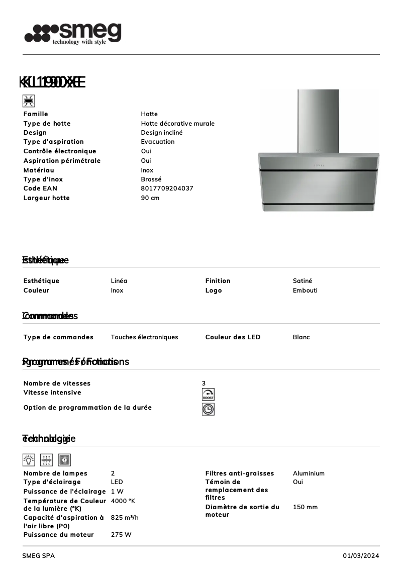 Page 1 de la notice Fiche technique Smeg KL190XE
