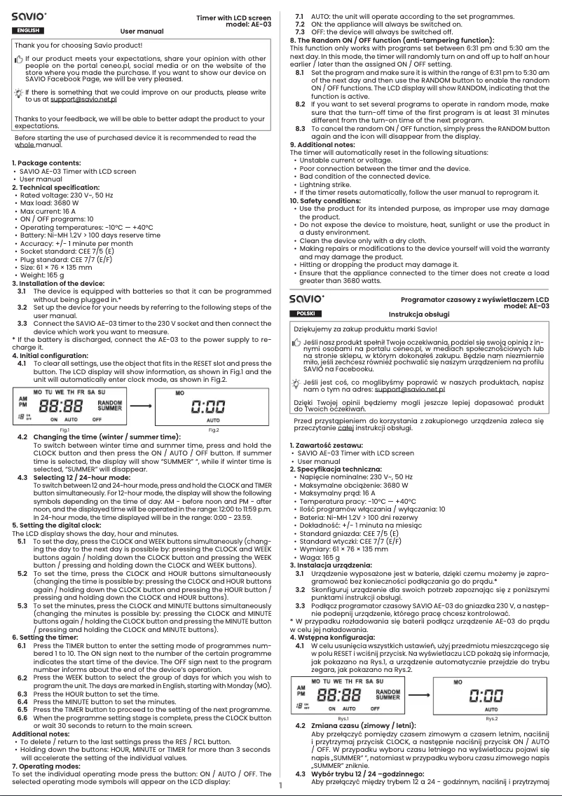 Page n°1 - Manuel utilisateur Savio AE-03