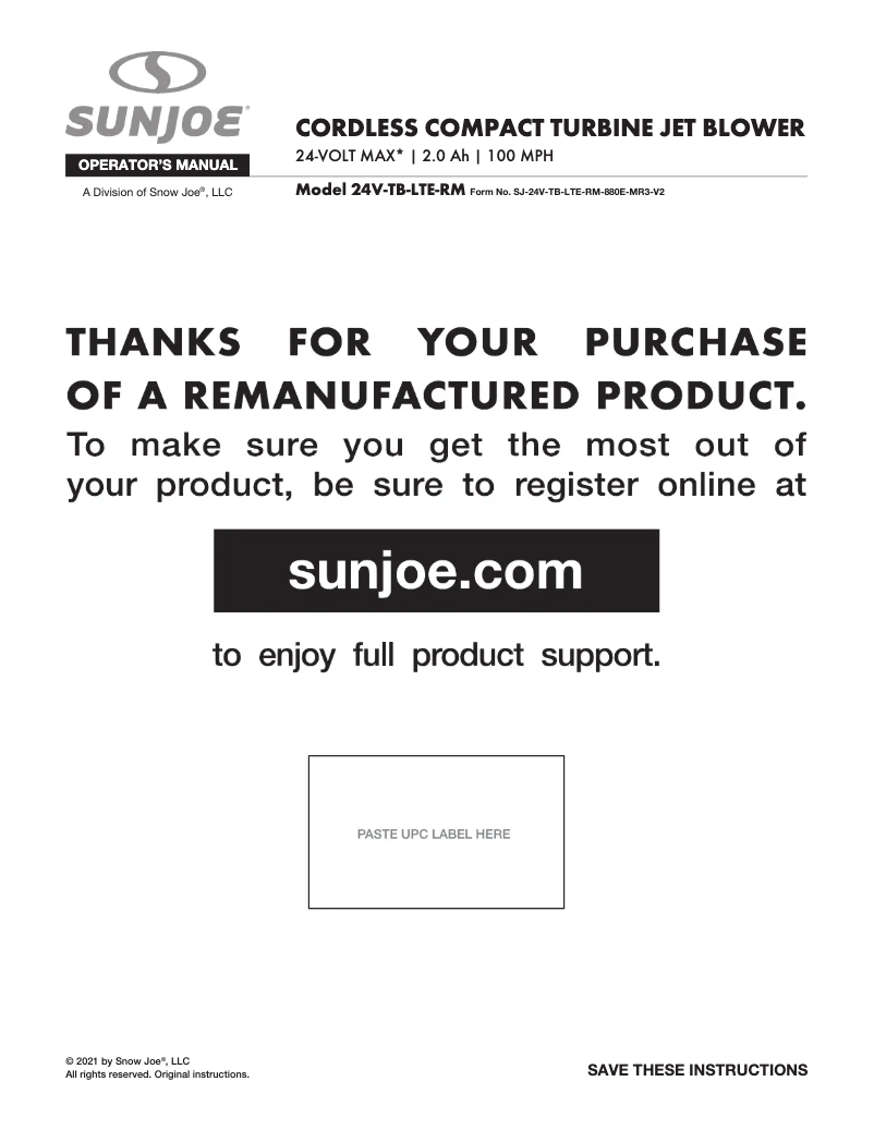 Page n°1 - Manuel utilisateur Sun Joe 24V-TB-LTE-RM