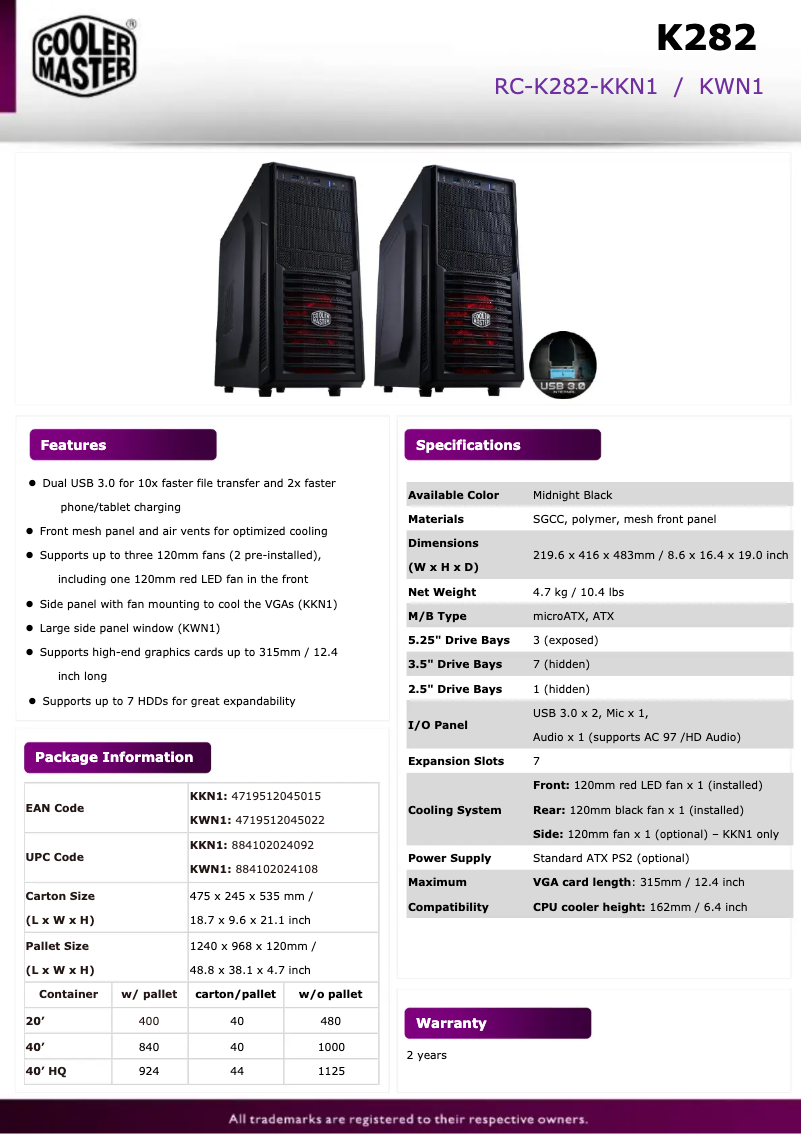 Page 1 de la notice Fiche technique Cooler Master K282