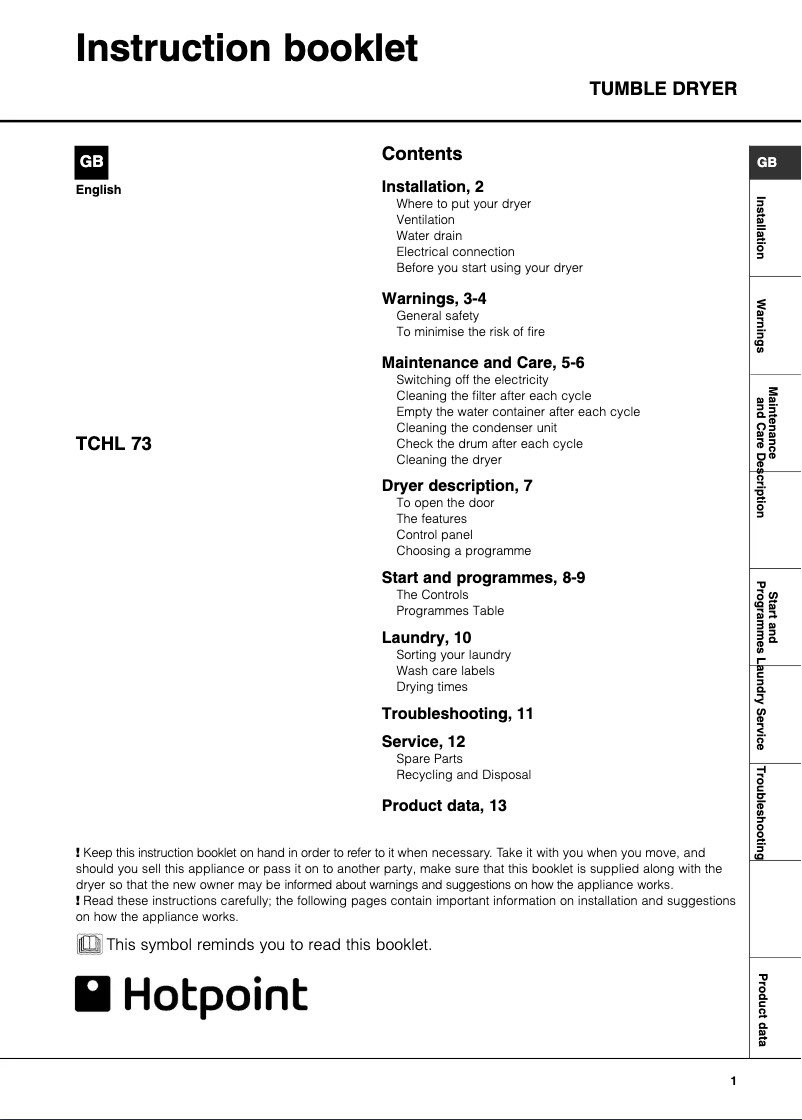 Image de la première page du manuel de l'appareil TCHL 73C RG Aquarius