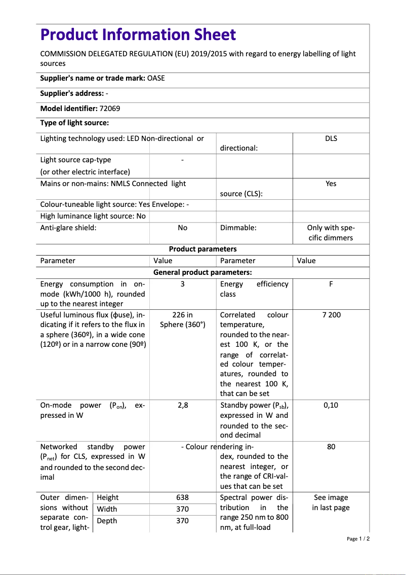 Page 1 de la notice Fiche technique Oase biOrb TUBE 30