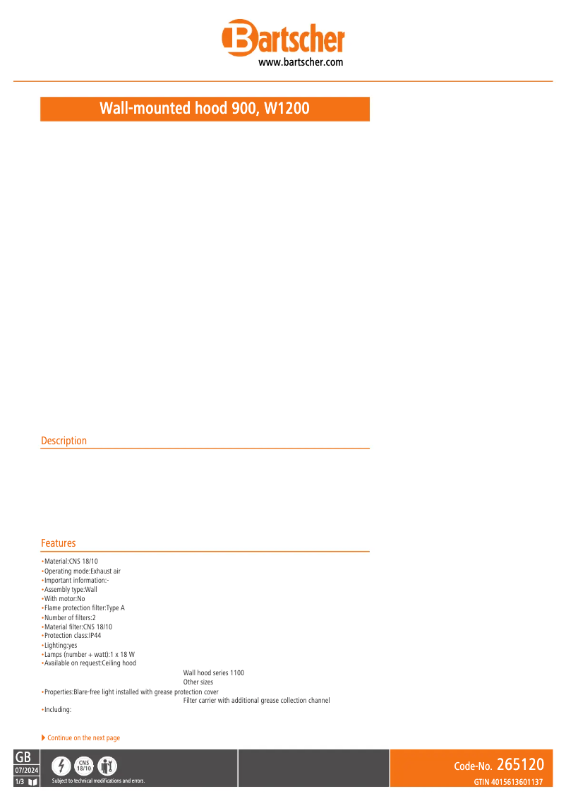 Página 1 del manual Ficha técnica Bartscher 265120