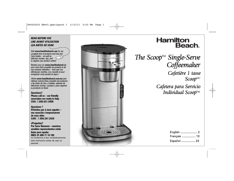 Page 1 de la notice Mode d'emploi Hamilton Beach The Scoop 49981