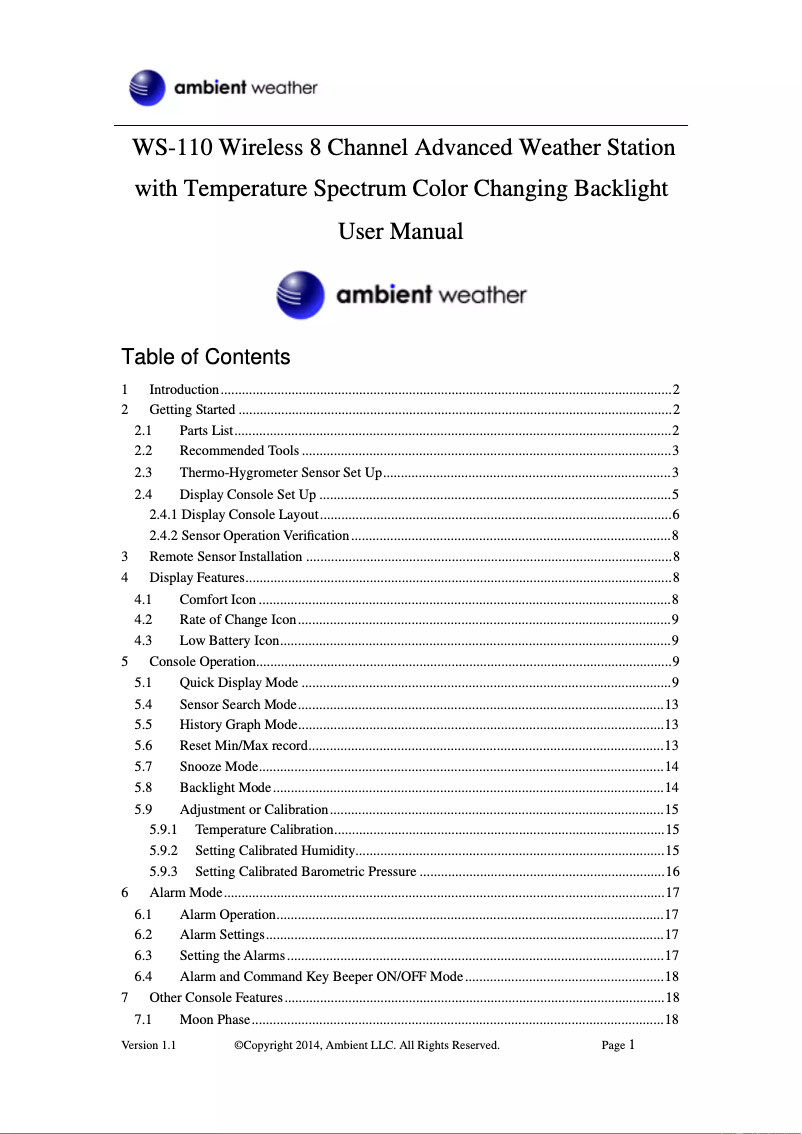 Image de la première page du manuel de l'appareil WS-110