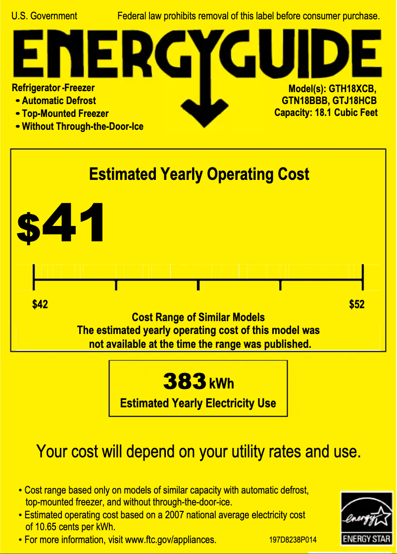 Page 1 de la notice Label énergétique GE GTN18BBBWW