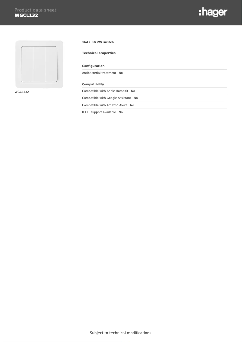Page n°1 - Fiche technique Hager WGCL132