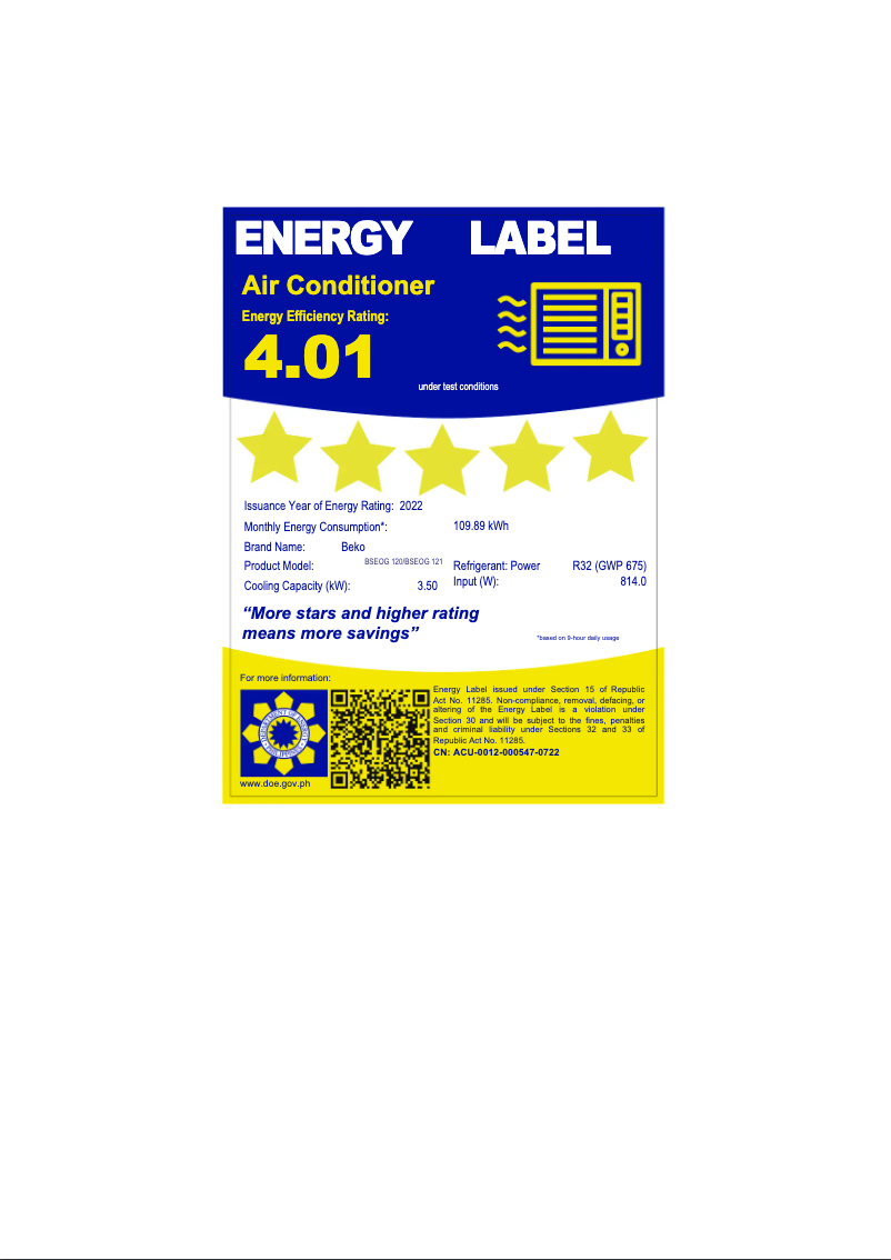 Page 1 de la notice Label énergétique Beko BSEOG 120