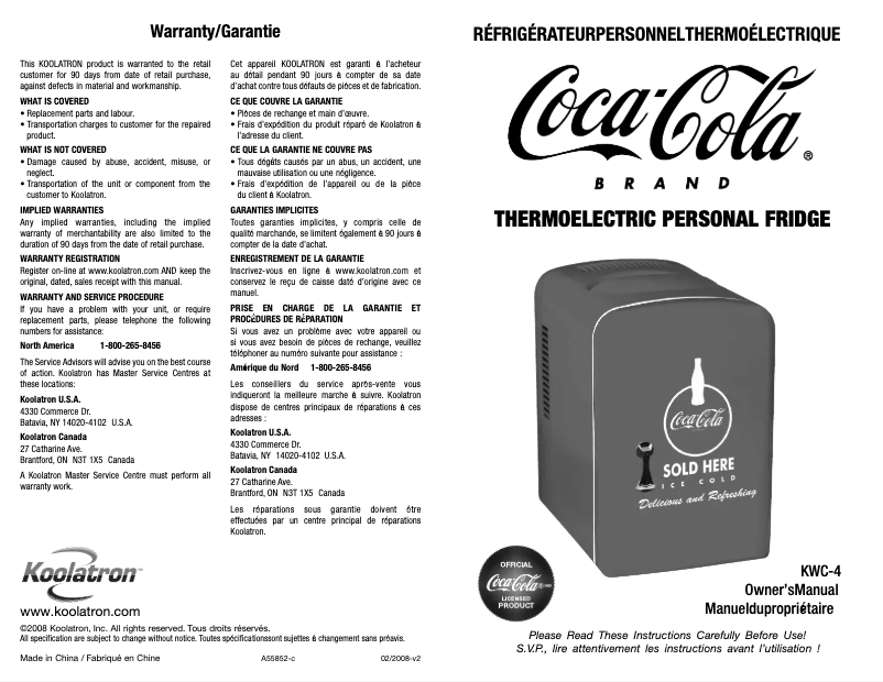 Page 1 de la notice Manuel utilisateur Koolatron KWC-25