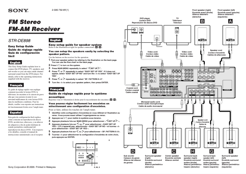 Page 1 de la notice Guide d'installation Sony STR-DE898