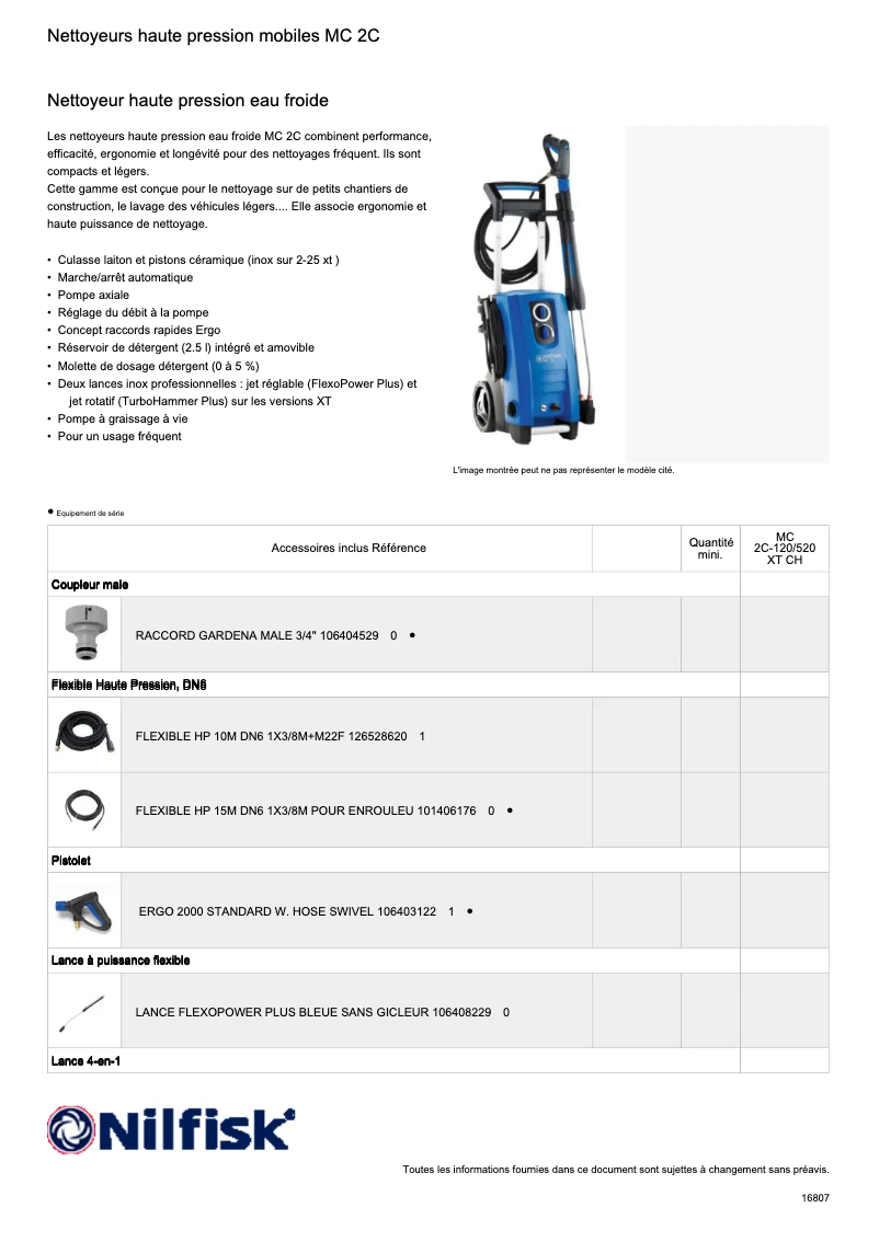 Page 1 de la notice Fiche technique Nilfisk MC 2