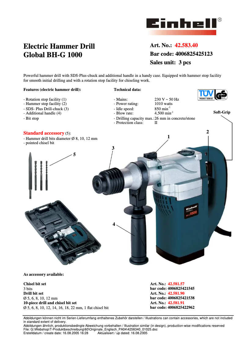 Page 1 de la notice Fiche technique Global BH-G 1000
