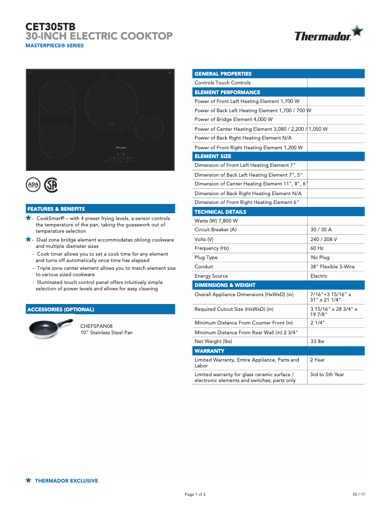 Page n°1 - Fiche technique Thermador Masterpiece CET305TB