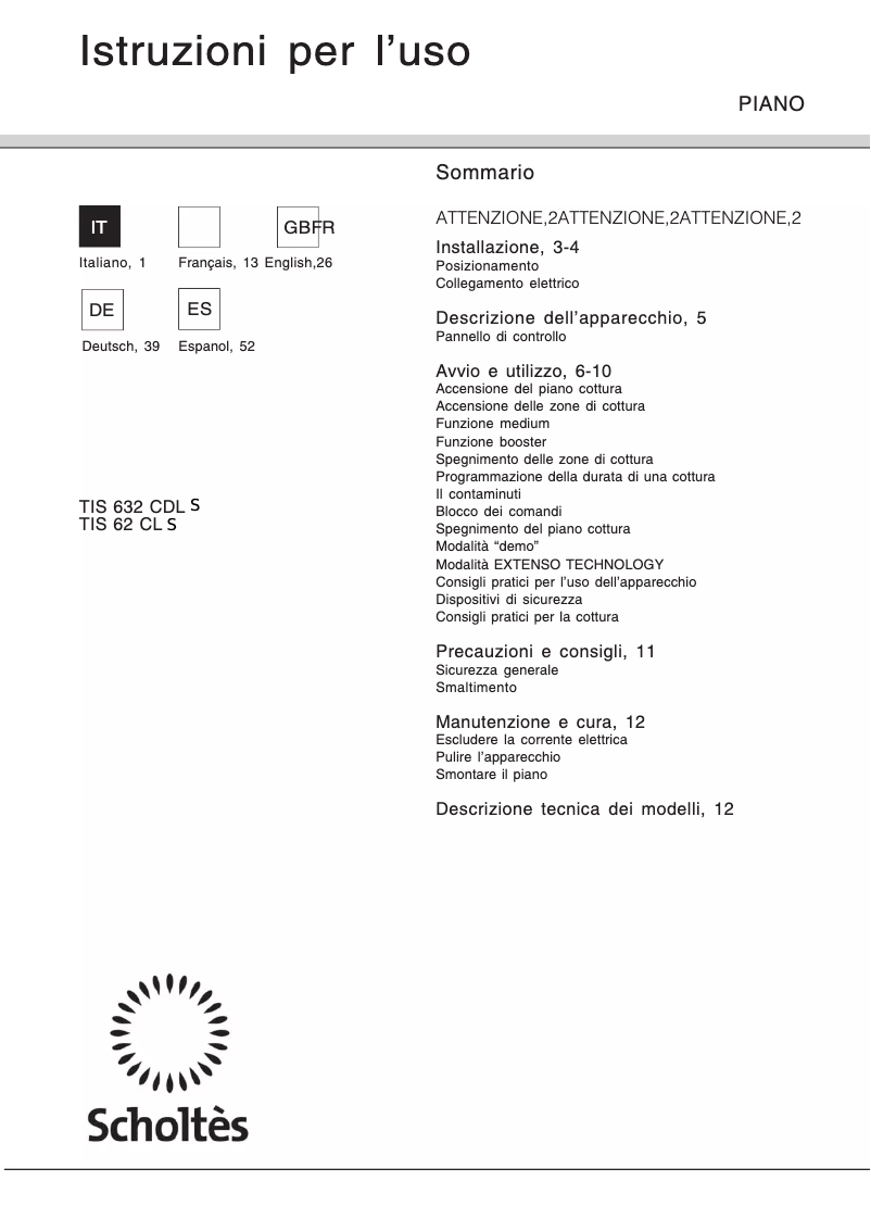 Page 1 de la notice Manuel utilisateur Scholtès TIS 632 CD L S